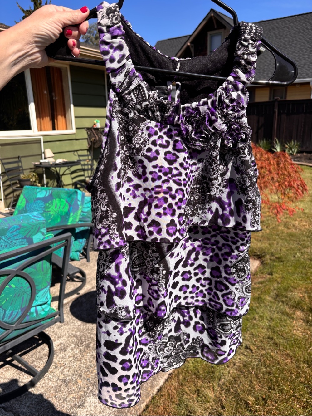Byline Byer California Purple Leopard Print Tiered  Blouse with Rosette Detail
